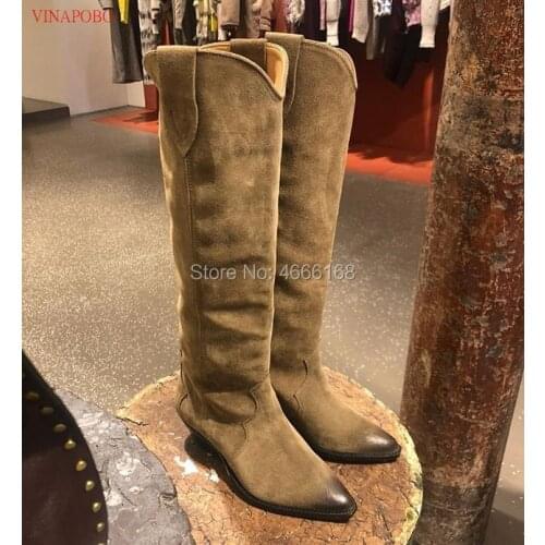 New Western black genuine leather Knee high boots for women pointed Toe Flat winter long boots women Cowboy thigh Knight boots