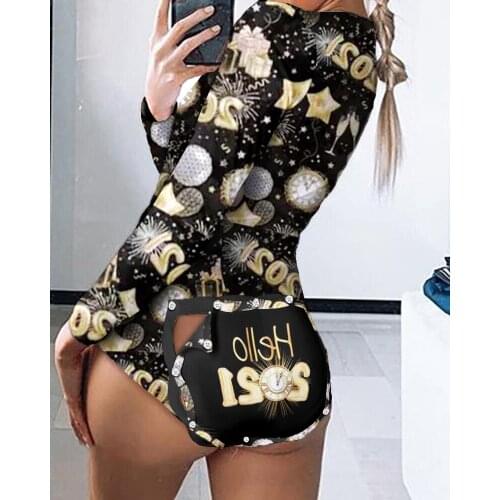 2021 New Year Winter Women Sexy Romper Functional Buttoned Flap Gifts Printed Adults Pajamas Suit Femme Detachable Jumpsuits