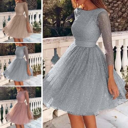 2020 wedding party dress Women Round Neck See-through Sequins Long Sleeve Backless Wedding Party Dress women vestidos
