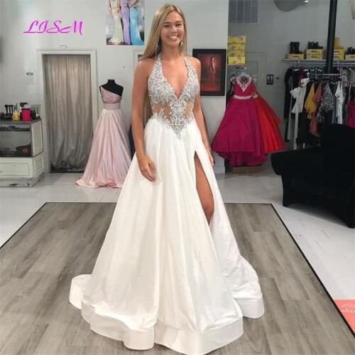 Sexy Halter High Side Slit Evening Dresses Deep V-Neck Long Prom Dress Elegant Backless Formal Gowns robe de soiree