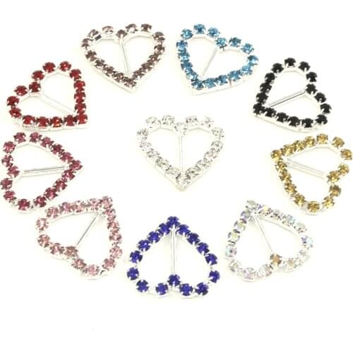 21mm Heart Shape Rhinestone Ribbon Buckles Sliders For Clothes Bags and Handlace Embellishment DIY Crafts 10pcs
