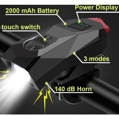 2000mAh Bike Light With Horn Bicycle Front Light Waterproof Cycling Headlight USB Chargeable With Rear Light Bicycle Accessories