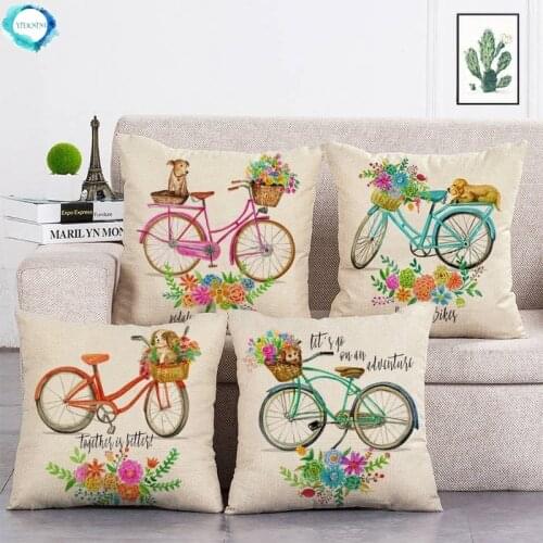 45x45cm Fashion Cartoon Bicycle Pillow Case Flower Butterfly Tower Airplane Pattern Linen Pillow Cushion Cover Home Decoration