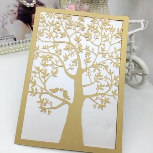 Free Shipping 10pcs champagne Gold Vintage Tree Business/Party/Birthday Laser Wedding invitation card, no envelope,no insert