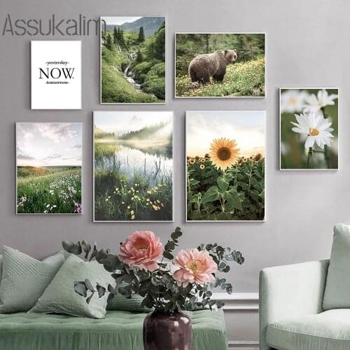 Sunflower Flowers Wall Art Posters Green Grassland Landscape Canvas Print Bear Poster Nordic Wall Painting For Living Room Decor