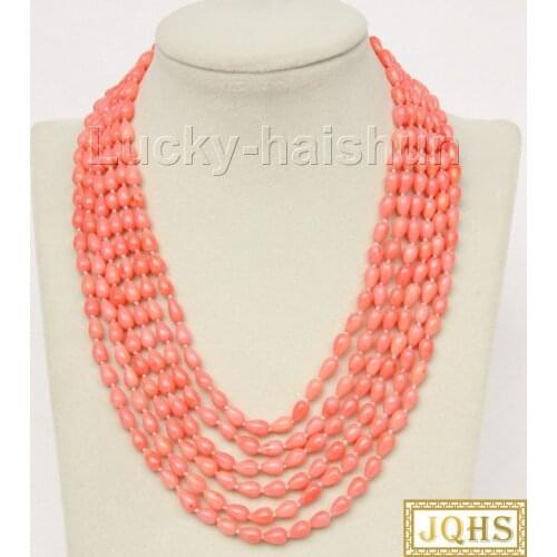 16"-21" 6row 5X8mm drip pink coral beads Strand knotted necklace magnet clasp j9774