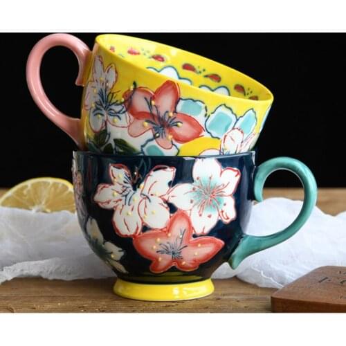 Creative Hand-painted Ceramic Tea Set Breakfast Cup Milk Cup Big Belly Cup Dessert Cup Oatmeal Cup Large Capacity Home Cups