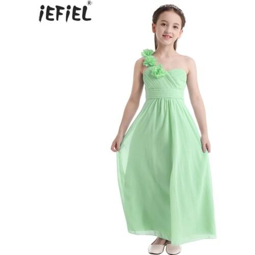 Summer Elegant Girls Princess Dress Wedding Bridesmaid Birthday Party Chiffon Dress Solid Color Draped Flower Girl Dress