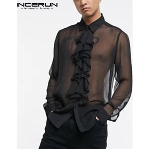 INCERUN 2021 Fashion Men Mesh Shirt See Through Lapel Long Sleeve Sexy Tops Streetwear Ruffled Party Nightclub Shirts Camisas