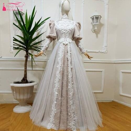 Puff Sleeve Muslim Wedding Dresses High Neck A Line Princess Bridal Gowns Blush Lining Lace Gelinlink ZW426