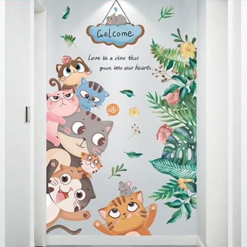 [shijuekongjian] Cats Animals Wall Stickers DIY Leaves Plants Wall Decor Decals for Kids Room Baby Bedroom Door House Decoration