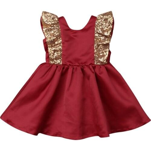 NEW Lovely Toddler Baby Girl Sequin Bowknot Dress Wedding Party Ruffle Sleeve Gold Sequin Princess Dress