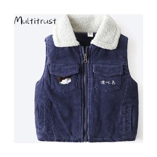 2020 Autumn Childrens Cotton Thick Warm Vest Kids Girl Boy Candy Color Fleece Collar Pocket Zipper Corduroy Tops Overcoat