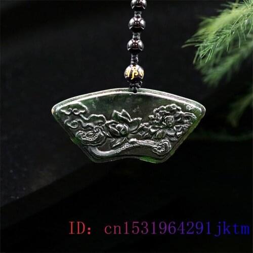 Jade Lotus Pendant Necklace Chinese Gifts Jewellery Black Green Carved Obsidian Natural Charm Fashion Amulet Gemstone