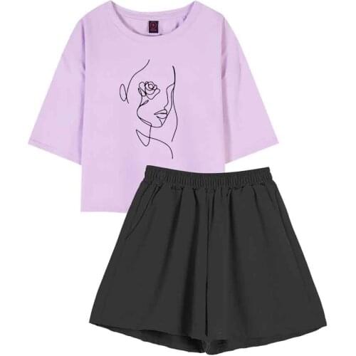 Sleepwear Set Two Piece Set Summer Pajama Suit Women Shorts Line Art Printing Cotton Sweatpant Women Baggy Top and Short Pajamas