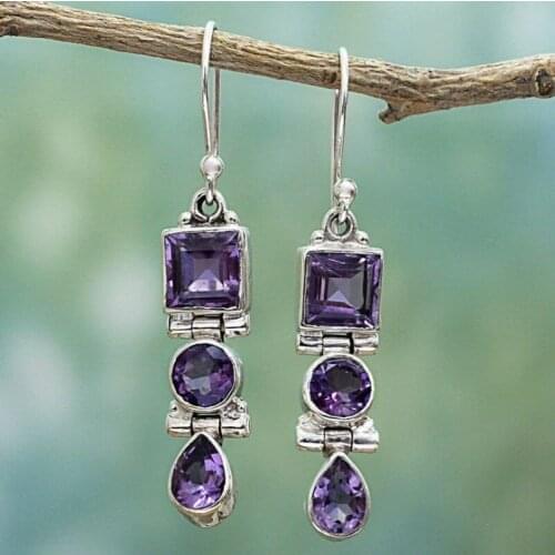 Exquisite Square Purple Cut Zircon Drop Earrings Korean Fashion Lavender Purple Crystal Stone Statement Dangle Long Earring