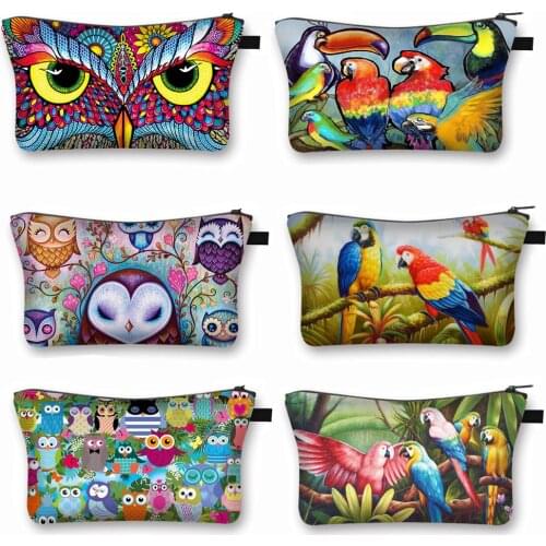 Cute Bird Owl Parrot Print Cosmetic Bag Ladies Makeup Organizer Bags Women Cosmetic Case Female Toiletry Storage Bag