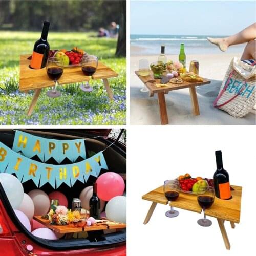 Outdoor Foldable Wine Table Folding Picnic Wooden Tray Champagne Beer Glasses Cups Bottle Rack Cheese Snack Holder for E56D
