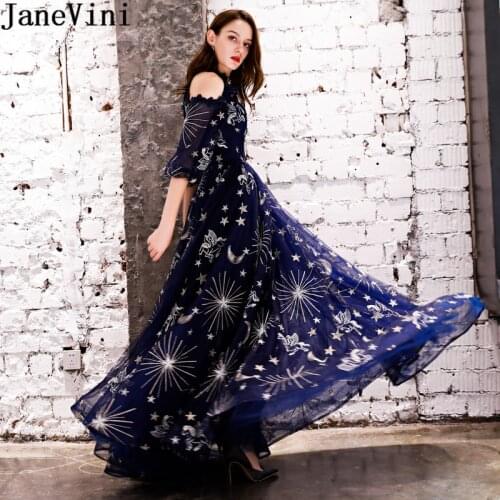 JaneVini Gorgeous Navy Blue Starry sky Prom Party Dress for Weddings With Sleeves A Line Bridesmaid Dresses Long Formal Dinner