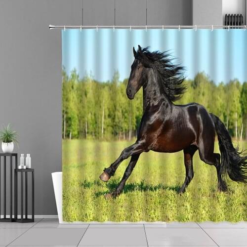 Green Forest Grassland Black Running Horse Shower Curtains West Wild Animal Waterproof Bathroom Curtain Home Decor Bath Screen