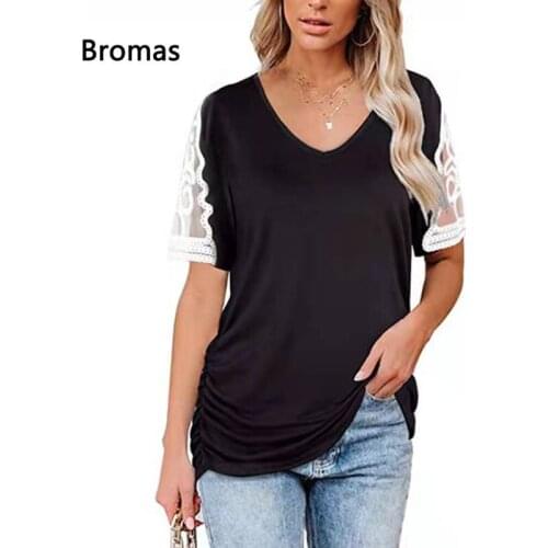 2021 New Summer Womens Casual Fashion V-Neck Stitching Lace Short-Sleeved Side Pleated T-Shirt Top