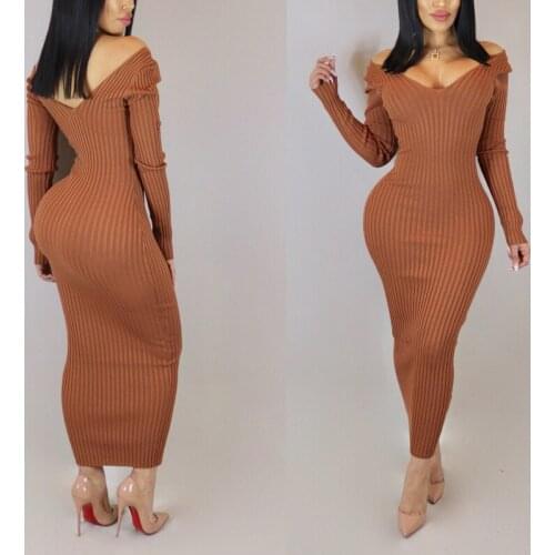 Fashion New Sexy Long Sleeve Cotton Dresses Women V-Neck Solid Long Dress Winter Autumn Casual Maxi Dress
