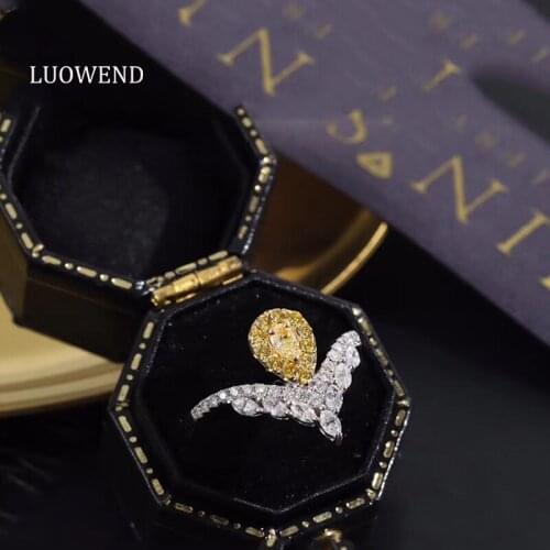 LUOWEND 100% Real 18K White Gold Ring Natural Yellow Diamond Ring Water Drop Shape V Letter Design Bague for Women Wedding