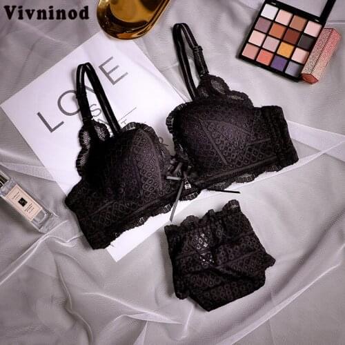 Women Lace Underwear Women Padded Panties Bra Set French Lace Fabric One-piece Thickened Cup Gathered Bra Set Sexy Lingerie Sets