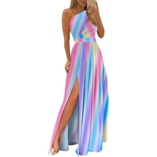 Maxi Dress Floral Print Hollow Out Women Skew Neck One Shoulder Formal Dress Female Wedding Party Vestidos