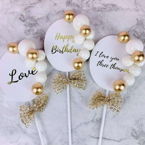 1Pcs Gold Pearl Ball Foil Letter Love Happy Birthday Cake Topper For Baby Shower Kids Birthday Party Cake Decoration Supplies