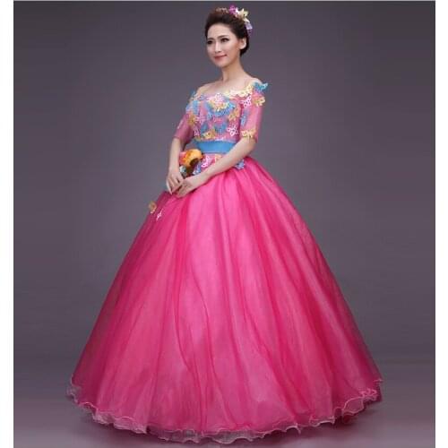 100%real butterfly rose flowers hot pink medieval dress Renaissance Gown princess Victorian/Marie Antoinette bell ball gown