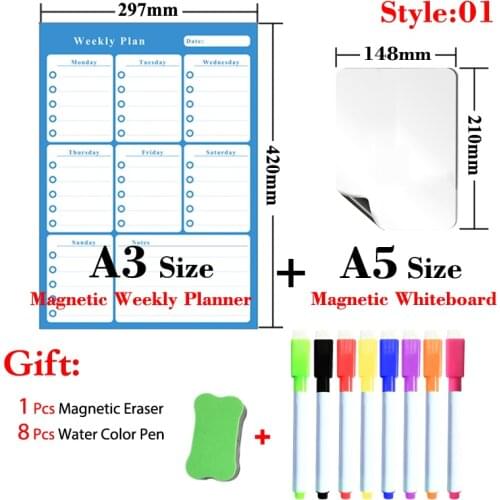 12 Styles A3 Size Magnetic Monthly&Weekly Planner Table and A5 Size Whiteboard Calendar Dry Erase White Board Fridge Sticker