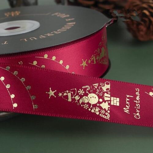 25mm 50yards Print Christmas Tree Ribbon Gold Stamp for Bow Pin Hair Accessory Flower Rose Gift Box Wrapping Crafts Packing DIY