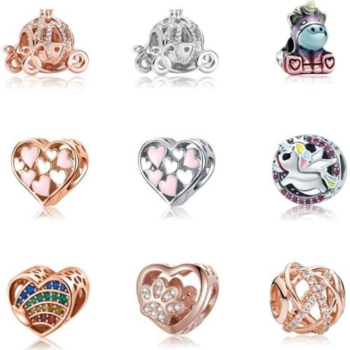 5PCS New Crystal Punpkin Car Rainbow Heart Unicorn Bear Paw Hollow Bead Fit Original Alloy Charm Women Men Bracelet DIY Pulseira