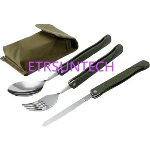 Army Green Folding Portable Stainless Steel Camping Picnic Cutlery Knife Fork Spoon Bottle Opener Flatware Tableware Travel Kit
