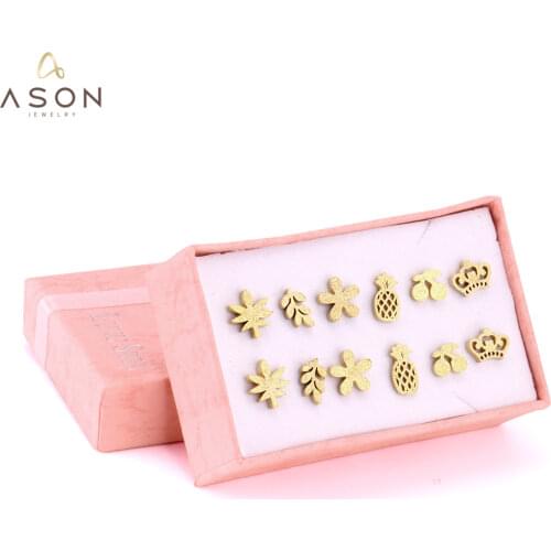 ASONSTEEL Gold Crown/Flower/leave Scrub 6Pairs/Box Earring Sets Stainless Steel Small Stud Earrings Ladies Jewelry Cllier Gift