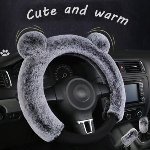 3Pcs Winter Plush Fur Car Steering Wheel Cover Handbrake Cover Gear Knob Cover for Woman Girl cute Universal Auto Car Styling