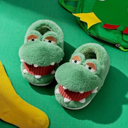 Childrens Boys and Girls Indoor Plush Warm Non-slip Crocodile Cute Cartoon Home Winter Cotton Kids Slippers Baby Shoes