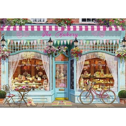 JOHNSON Bakery Food Shop Flower Window front door Light Bicycle Dog Red Brick background Computer print wall backdrops