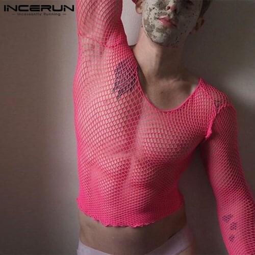 INCERUN Men T Shirt Round Neck Long Sleeve Mesh Transparent Crop Tops 2021 Streetwear Sexy Party Nightclub Men Clothing S-5XL