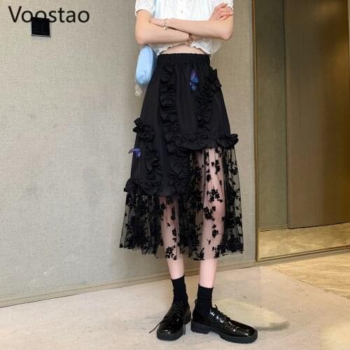 Gothic Elegant Long Skirts Women Harajuku Chic Butterfly Ruffles Irregular Patchwork Mesh A-Line Skirt Female Dark Punk Skirts