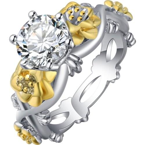 UFOORO Classic brand wreaths wedding ring clear crystal elegant gold color fashion jewelry bague female holiday Accessories