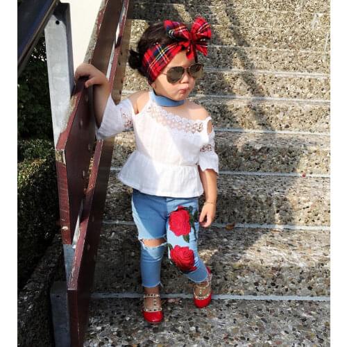 2Pcs Boho Toddler Kids Girls Clothes Set Hollow Lace Off Shoulder Tops + Flower Embroidery Jeans Hole Denim Pants Clothing Set