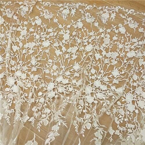High Quality Venice Lace Fabric Floral And Branch Embroidered Ivory Tulle Fabric Wedding Gowns 1 Yard 51” Wide