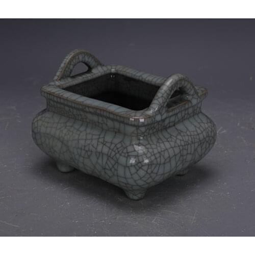 Song Dynasty Four-legged and double-ear incense burner with celadon glaze in the official kiln