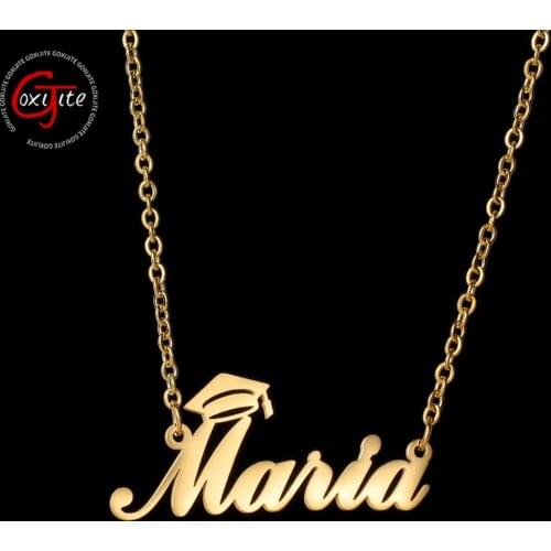 Goxijite Trendy Custom Name Necklace For Women Girl Personalized Stainless Steel Bachelor Cap Nameplate Necklaces Jewelry Gift