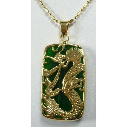 Men & women green jades 18kgp inlay dragon Pendant Necklace