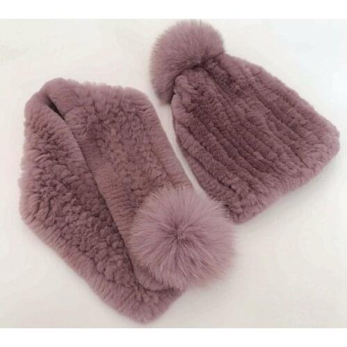 2020 New winter rex rabbit fur hat scarf set thickened warm ear protector fur rabbit fur hat with fox fur balls scarf set caps