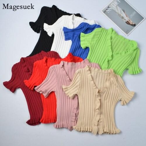 V-Neck Solid Knitted Woman Tshirts Summer 2021 Fuguns Short Sleeve Vintage Womens T Shirt Button Casual Tees Tops Female 10265