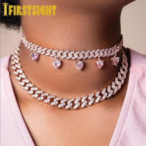 9mm CZ cuban Heart Charm Necklace Iced Out Zircon cz Rose Gold Color Pink cz Luxury Bling Jewelry Fashion Hiphop For Wonem